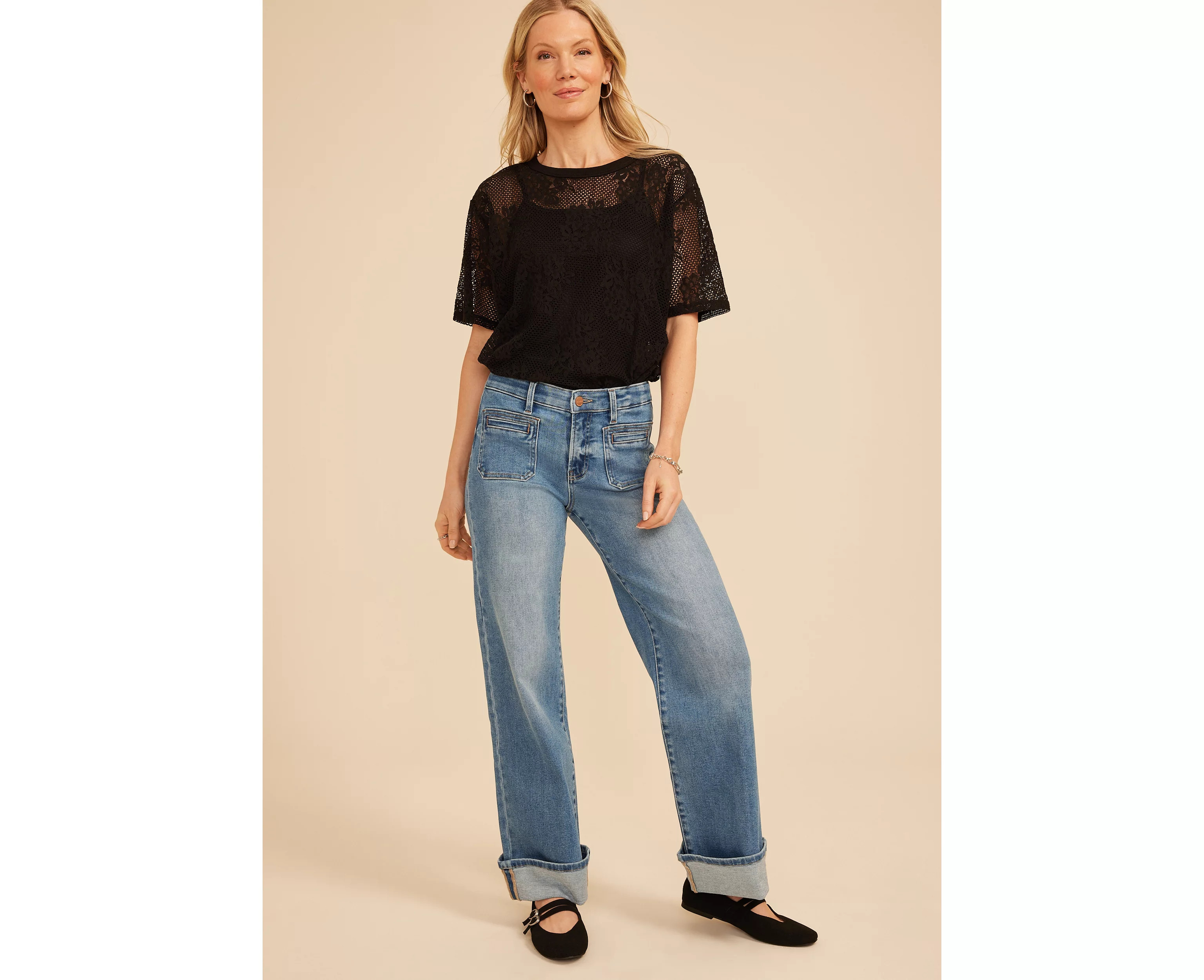 Risen Jeans®Mid Rise Tummy Control Panel Comfort Waist Wide Patch Pocket Leg Jean | Maurices