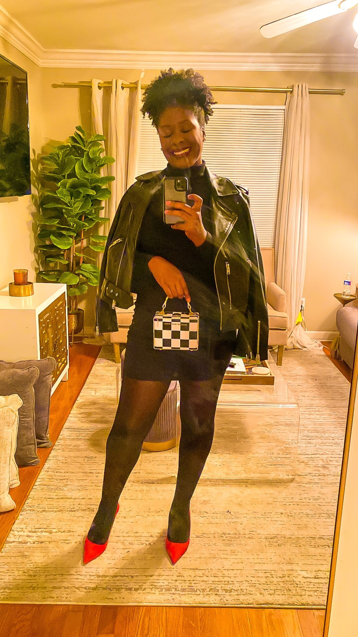 Date night red heels moto jacket red lip backseam tights little black dress LBD