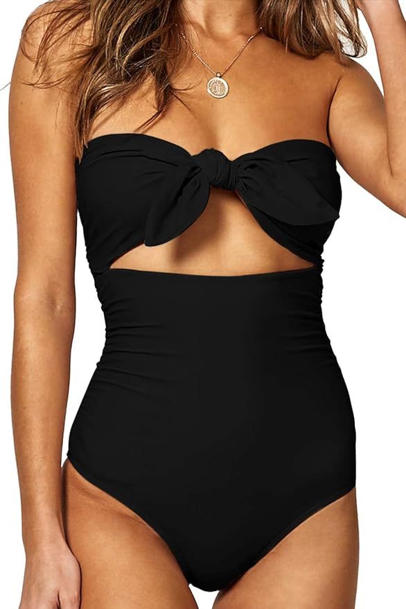 BOOSOULY Women's Beandeau Tie Knot Front Cut Out High Waist One Piece Swimsuits | Amazon (US)