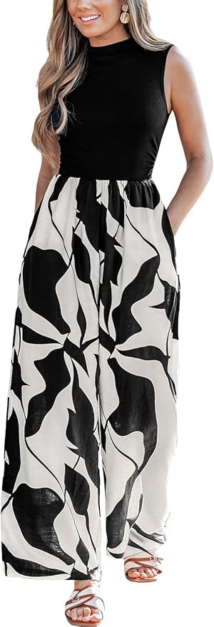 CUPSHE Summer Sleeveless Jumpsuits for Women Dressy Printed Mock Neck Wide Leg Jumpsuit with Pock... | Amazon (US)