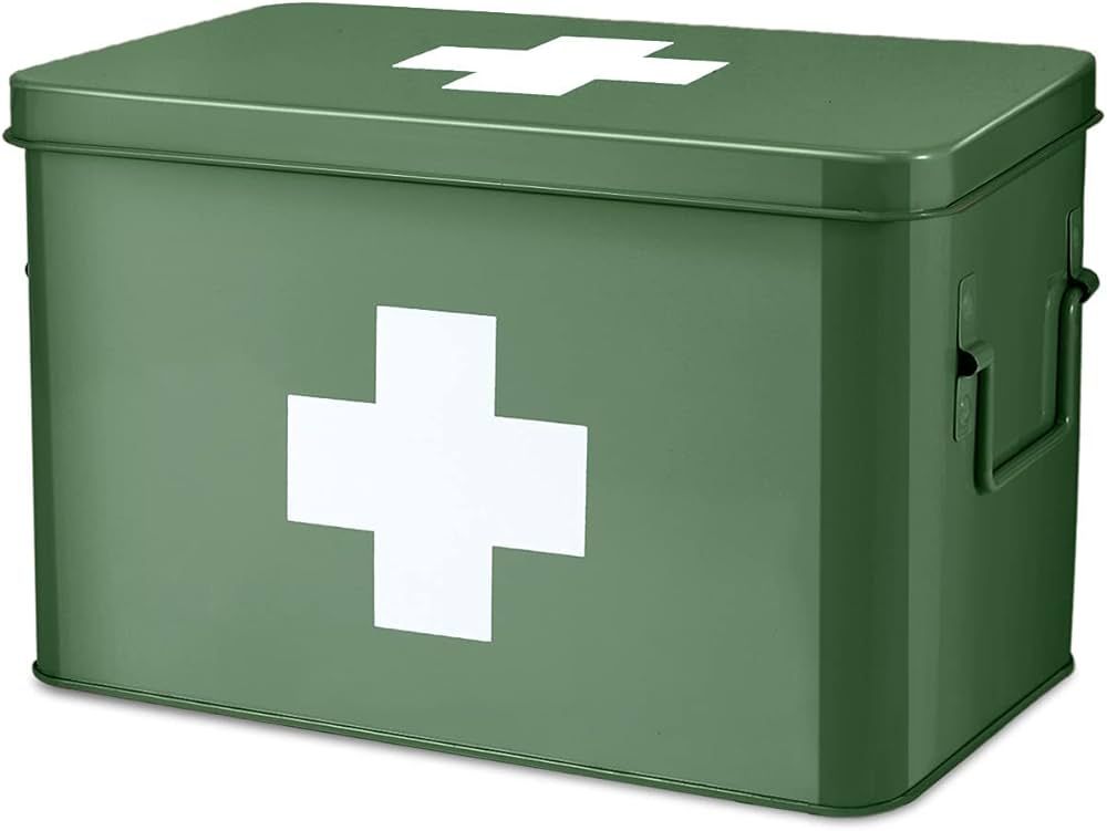 Flexzion First Aid Medicine Box Supplies Kit Organizer - Empty 13" Green Metal Tin Medic Storage ... | Amazon (US)