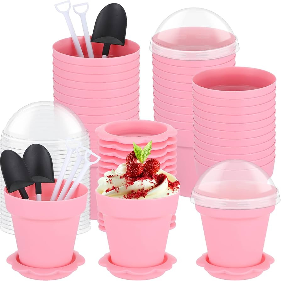 50 Pack Flowerpot Dessert Cup Plastic Cake Cups with Lid Shovel Spoon Bottom Tray Small Flower Po... | Amazon (US)