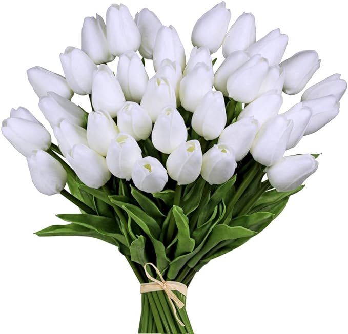 30pcs White 14" Artificial Latex Tulips Flowers for Wedding Party Home Decoration (White-30pcs) | Amazon (US)