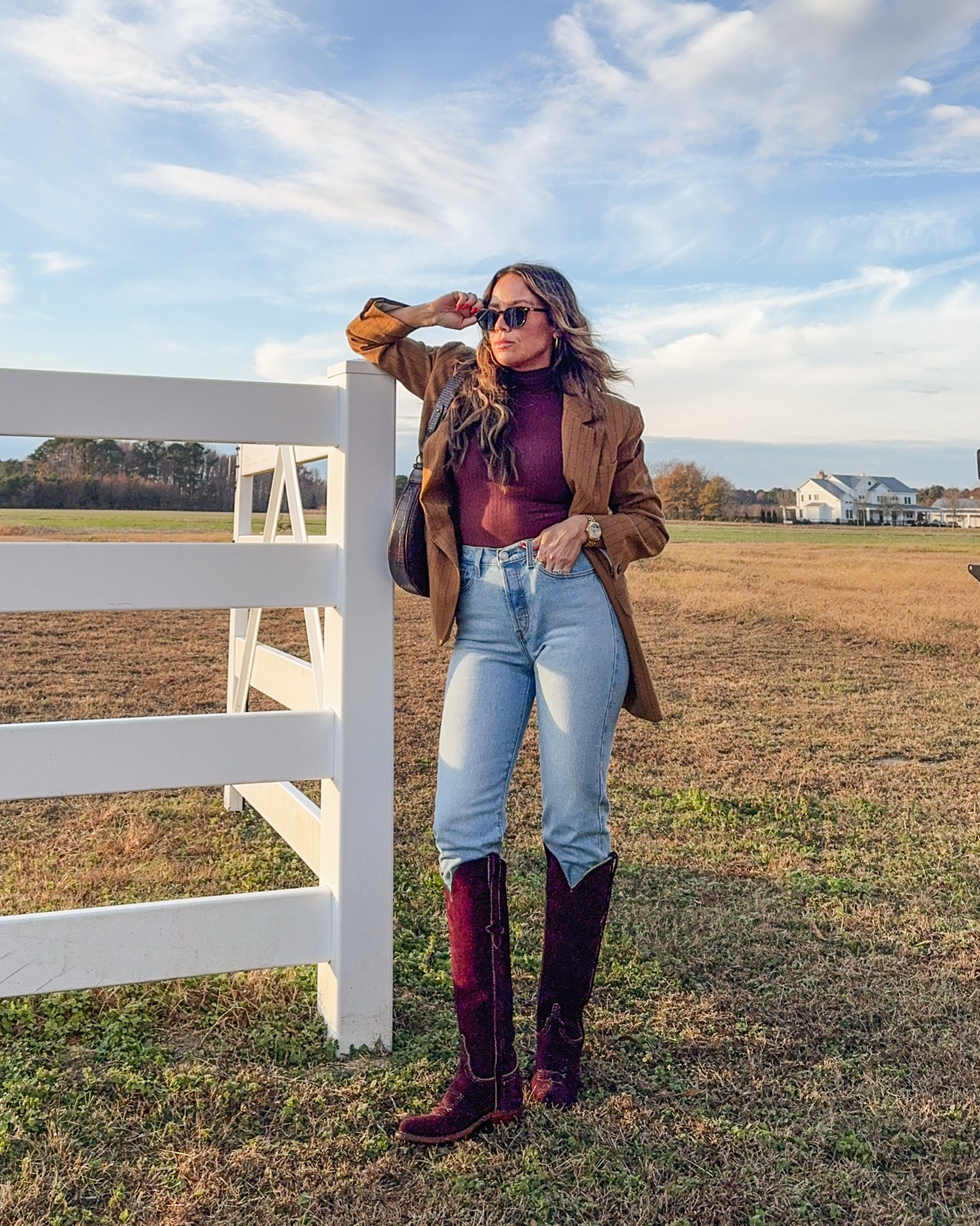 Burgundy outfit inspo! Cowboy boots run a little big. Jeans go UP A FULL SIZE! They are stretchy and hug the peach. I’m in 26 x 28. Blazer is old so I linked similar  

#LTKHoliday #LTKSaleAlert #LTKSeasonal