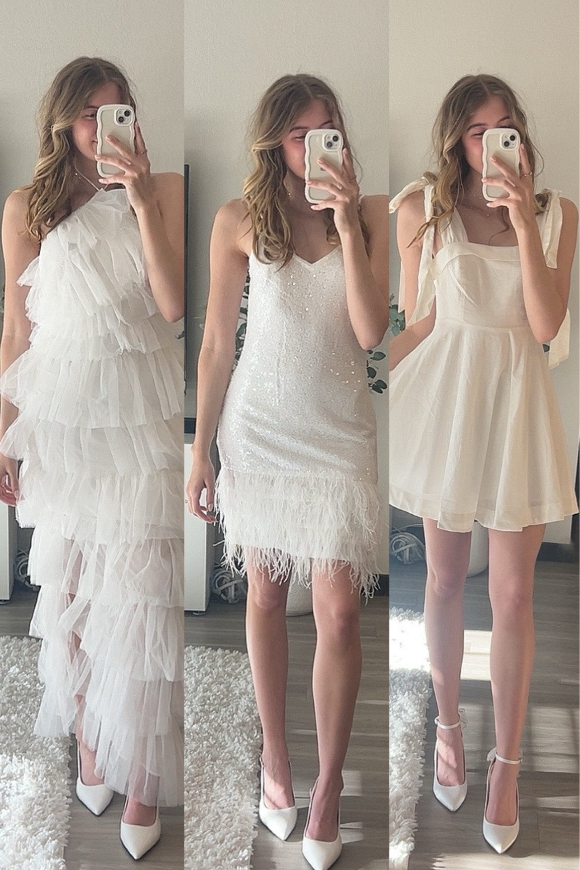 Three white bridal dress options, perfect for engagement pictures, rehearsal dinner, and bachelorette. Wearing a size small in all! 

#LTKwedding