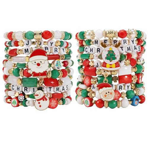 20pcs Christmas Bracelets Santa Claus Stretch Charm Beaded Stackable Bracelet for Women | Amazon (US)