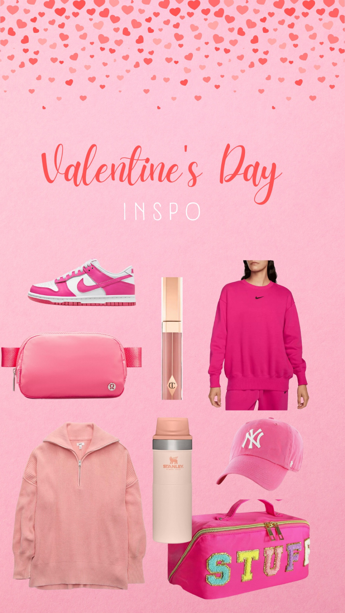All things Pink for VDay! I just ordered the pink dunks in a 6.5Y and I’m normally a women’s 8. I have the Stanley cup, Nike Sweatshirt, Makeup Bag and the Gloss in Pillow Talk. All so good!!! 

Vday
Valentines Day 
Pink 
Pink aesthetic 
Pink inspo 
For her 
Tween girls 
Teen girls 

#LTKGiftGuide #LTKshoecrush #LTKfindsunder100