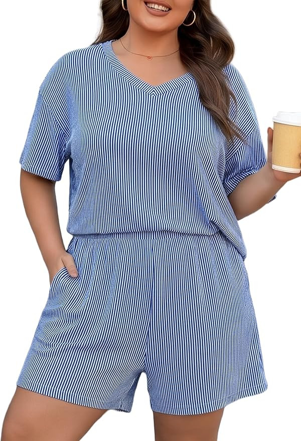 Charmo Women's 2 Piece Plus Size Short Sets Ribbed Textured Knit Short Sleeve Top and Shorts 2026... | Amazon (US)