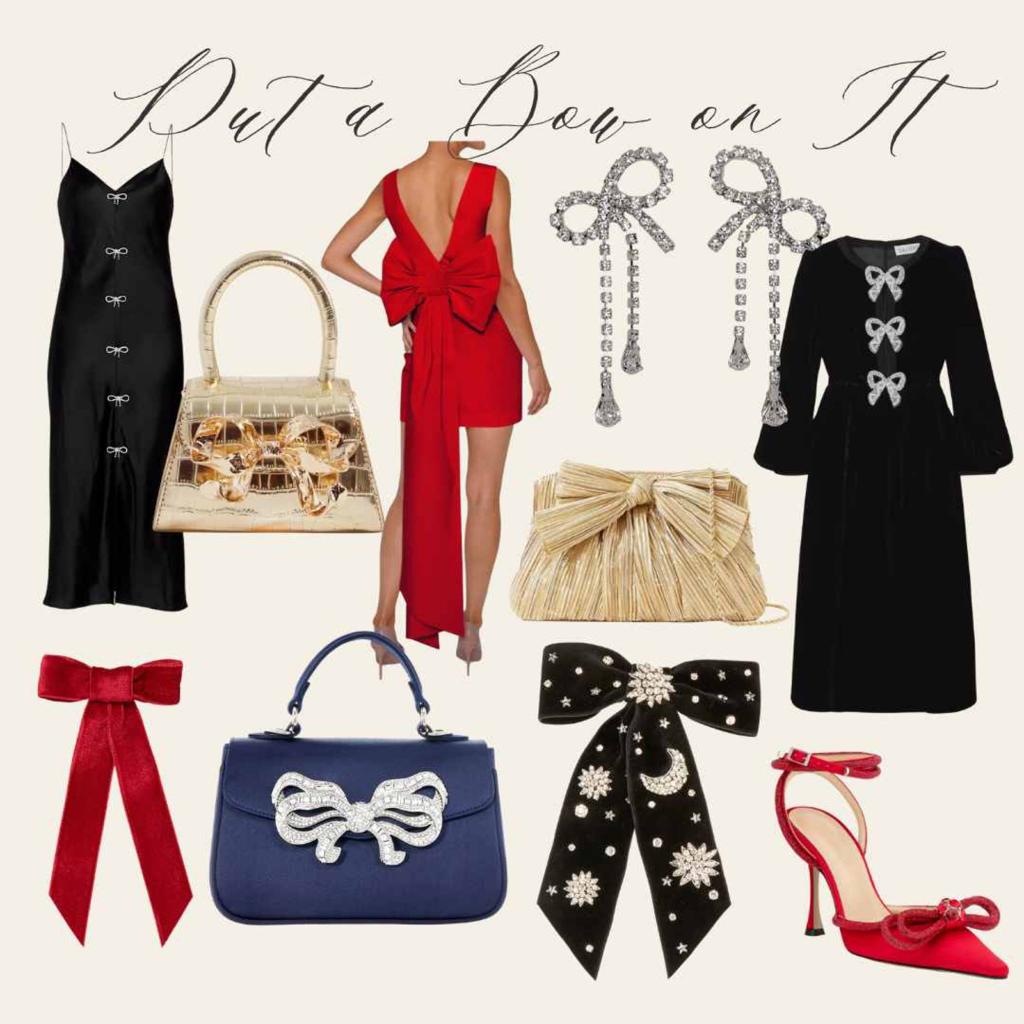 Clothes, bags, shoes, & accessories with festive holiday bows. Saloni Dress, Cami NYC, Alexia Maria, Jennifer Behr, Mach & Mach, Judith Leiber, Loeffler Randall, Self Portrait

#LTKSeasonal #LTKstyletip #LTKHoliday