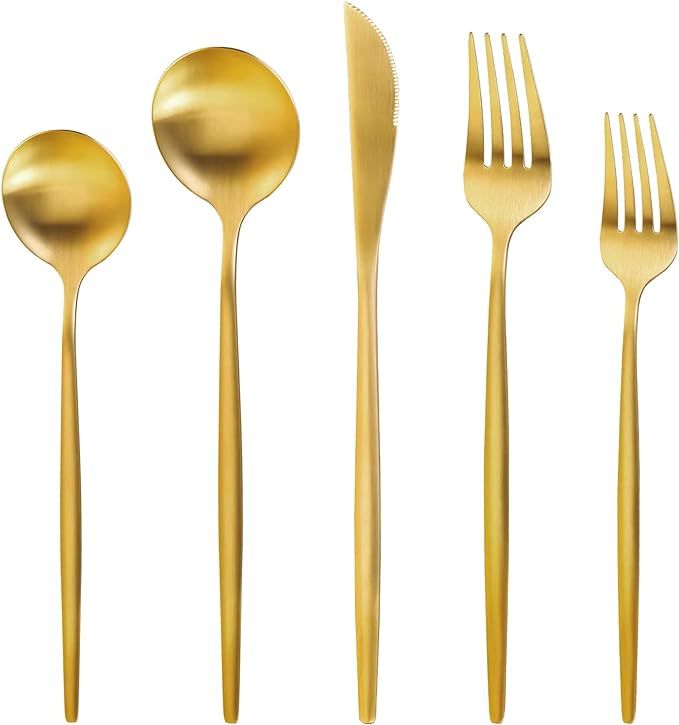 Gold Silverware Set for 12, MIKIWAY 60 Pieces Stainless Steel Flatware Set, Matte Golden Cutlery ... | Amazon (US)