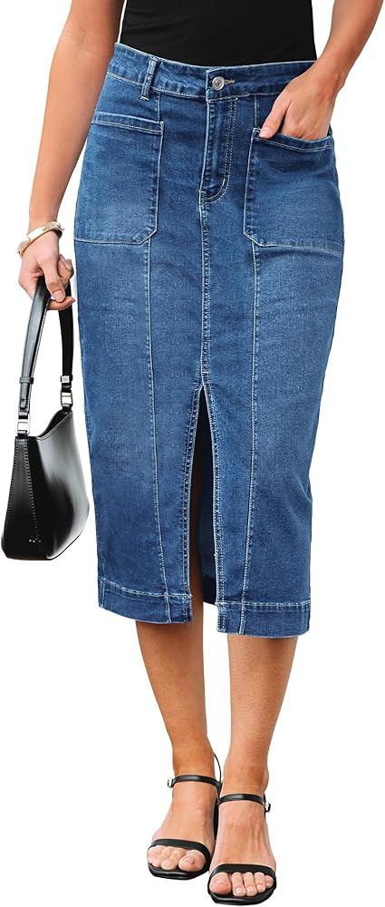 luvamia Jean Skirts for Women Denim Trendy Casual Stretchy High Waisted Midi Front Pockets Below ... | Amazon (US)