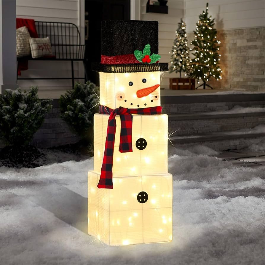 Christmas Stacked Lighted Snowman Outdoor Decorations, 3 Ft Pre-Lit Light Up 75 LEDs Stackable Sn... | Amazon (US)