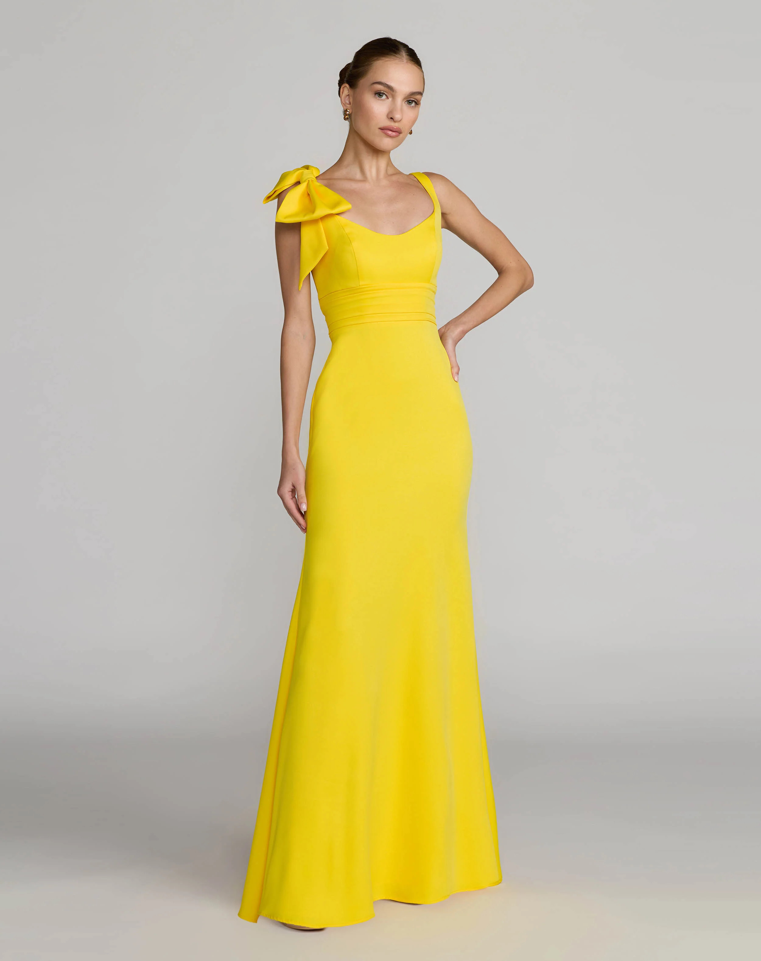 Yellow Scoop Neck Trumpet Gown with Bow | Mac Duggal | Mac Duggal