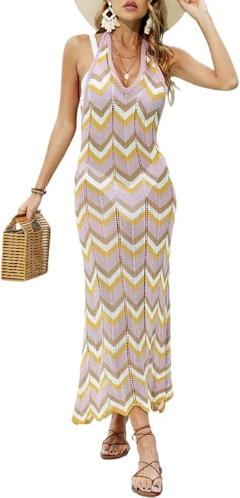 Xixiuly Womens Swimsuit Cover Up Halter Neck Maxi Dress Colorful Striped Crochet Knit Backless Sw... | Amazon (CA)