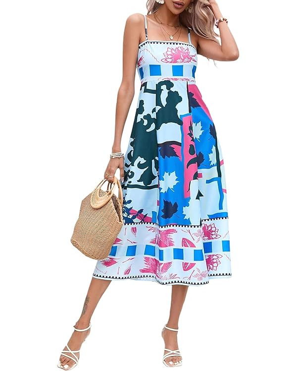 Women Summer Dress Print Spaghetti Strap Backless Midi Dress Casual Fashion Sleeveless Cami Dress | Amazon (US)