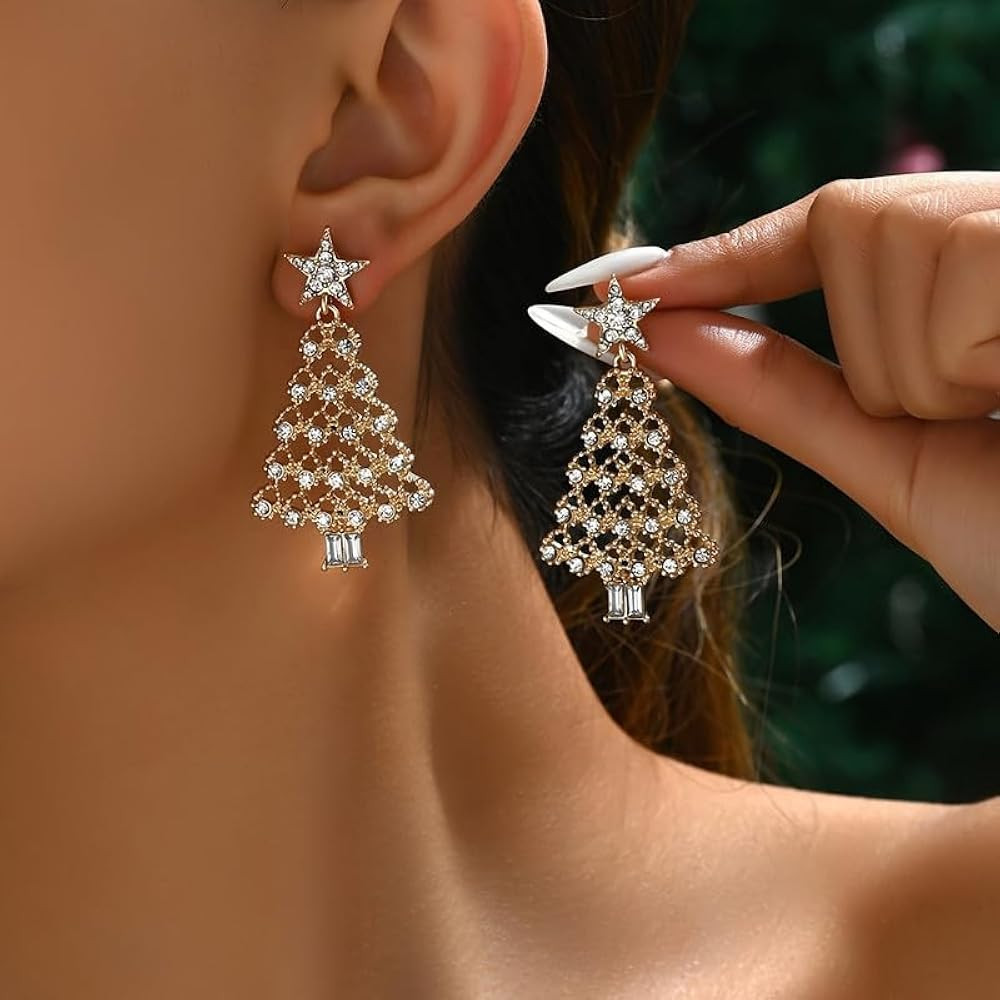 Amazon.com: Luxury Gold-plating Christmas Tree Drop Earrings Personality Full Rhinestone Star Dan... | Amazon (US)
