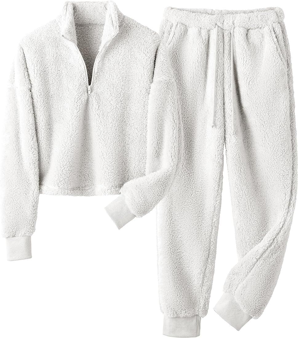 Women's Fluffy Pajamas Set Quarter Zipper Fleece 2 Piece Sherpa Pullover Pants Sets Fuzzy Sleepwe... | Amazon (US)