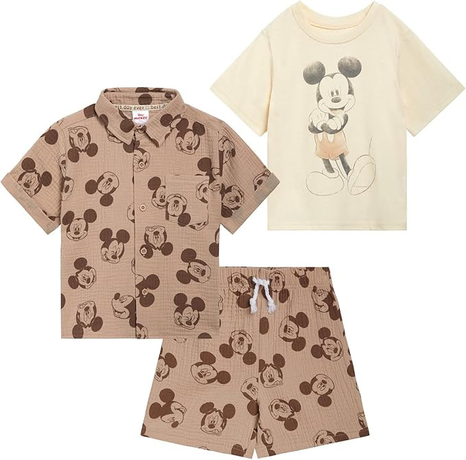 Disney Mickey Mouse Cotton Gauze Button Down Shirt, T-Shirt & Shorts 3 Piece Set Infant to Little... | Amazon (US)