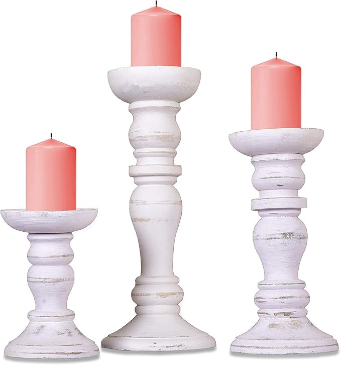 Mela Artisans Shabby White Hand Carved Wooden Pillar Candle Holders - Set of 3 | Aisha Decorative... | Amazon (US)