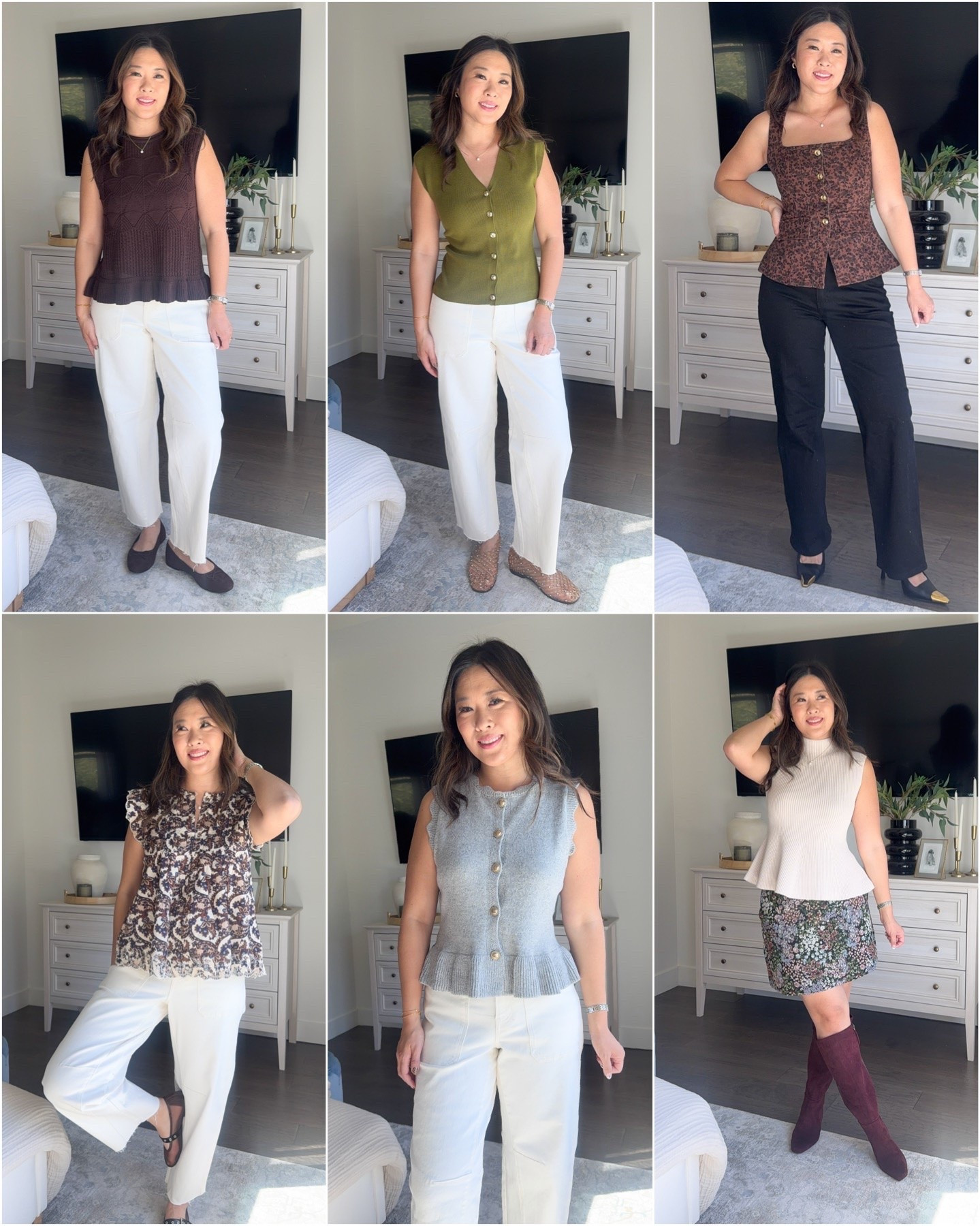 Walmart fall tops 

Brown Peplum: Medium
Green Button Down Top: Small
Brown Rose Vest: Small
Embroidered top: Small
Grey Scalloped Vest: Small
Mock Neck Peplum: Small
Barrel Denim: 6 Short

#LTKootd #LTKSeasonal #LTKOver40