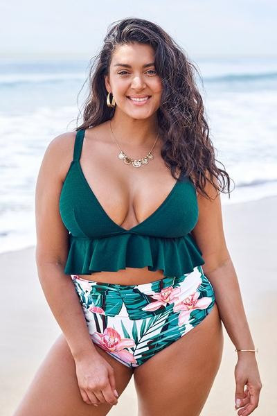 Green and Floral Ruffle Plus Size Bikini | Cupshe