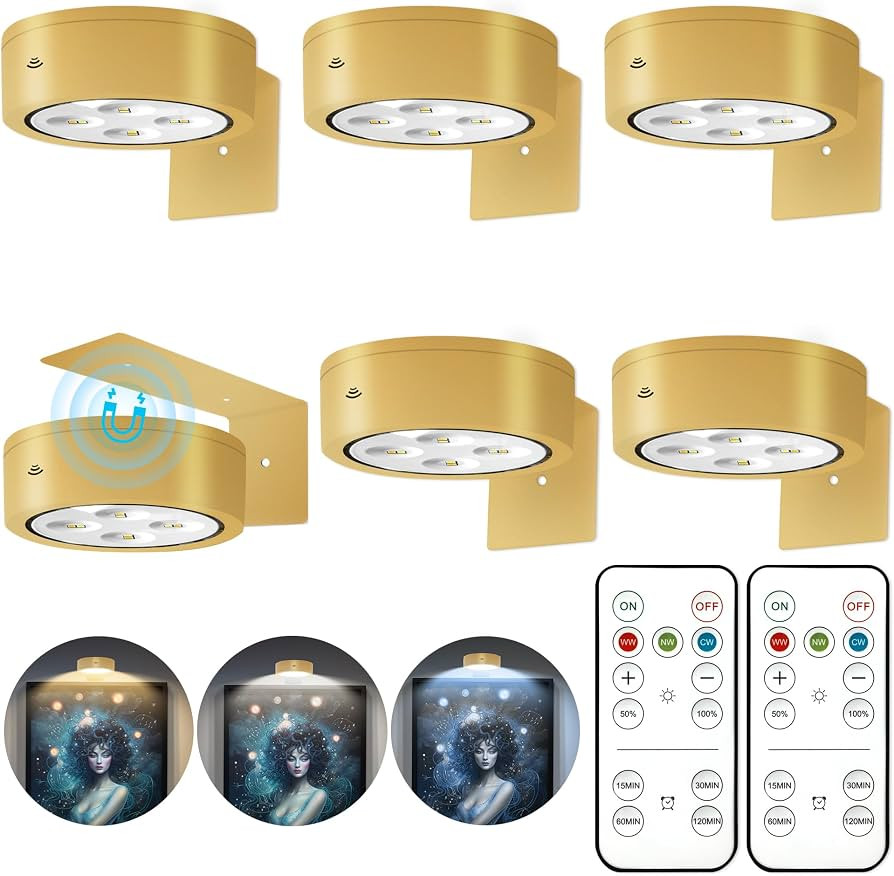 6Pcs Battery Operated Picture Light, Magnetic Led Painting Light with Remote Dimmable and Timer, ... | Amazon (US)