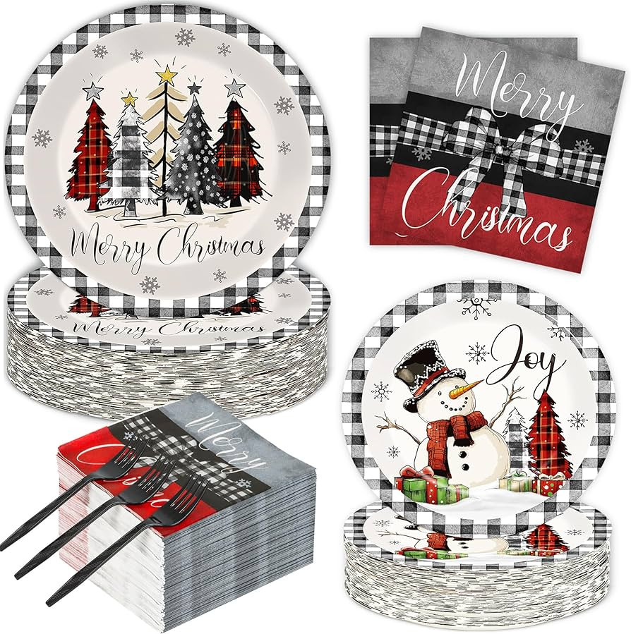 200 PCS Christmas Paper Plates Napkins Party Set Buffalo Plaid Xmas Tree Snowman Dinnerware Plate... | Amazon (US)