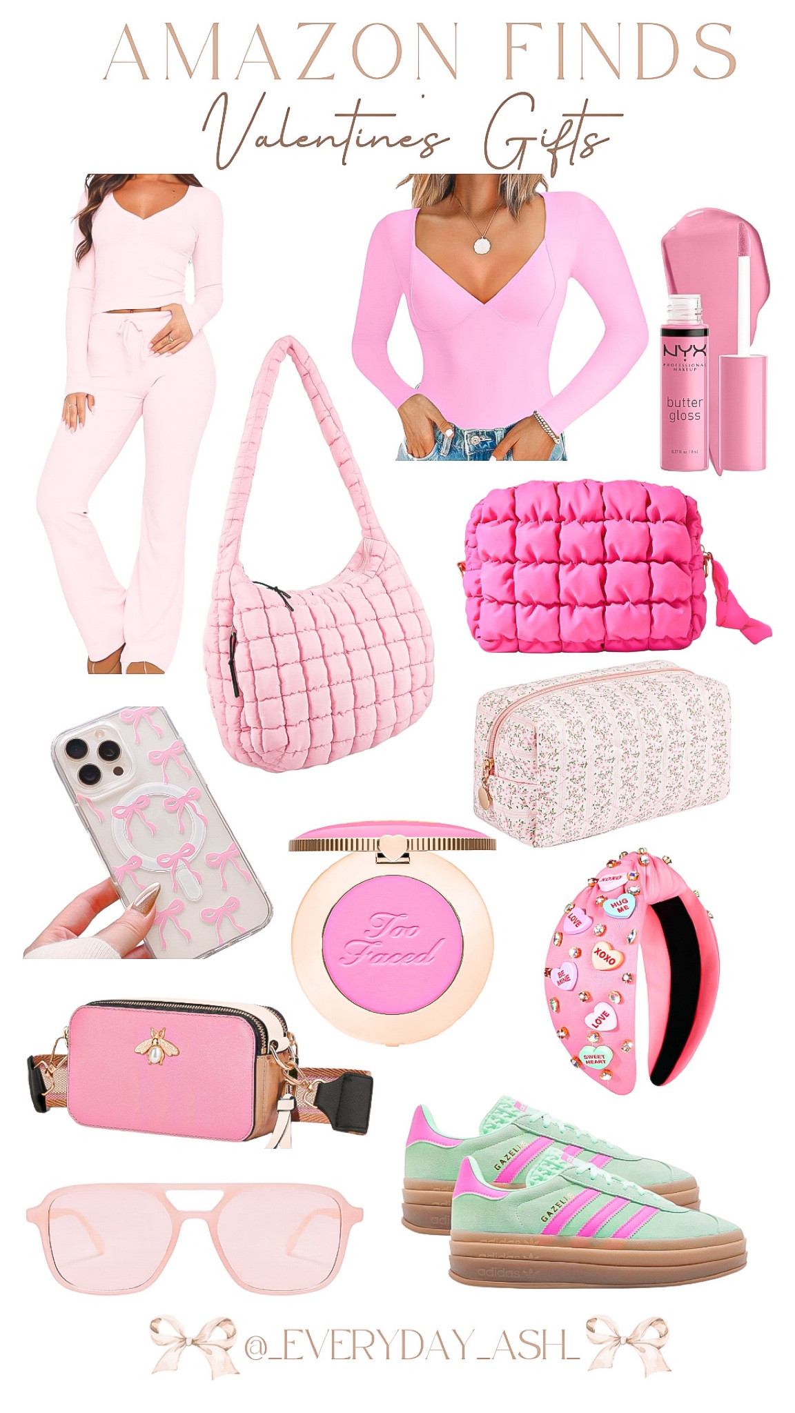 Valentine’s Day - gifts for her 🎀💕

Gifts for her, Valentine’s Day, pink two piece set, pink bodysuit, lipgloss, makeup bag, pink travel bag, floral makeup bag, too faced blush, pink headband, bow phone case, pink crossbody bag, women’s casual sneakers , gazelle sneakers. Pink sunglasses 

#LTKStyleTip #LTKGiftGuide #LTKFindsUnder50