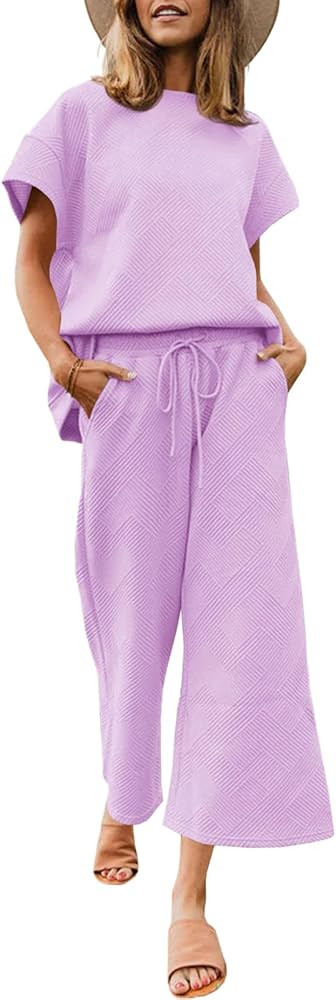 Fazortev Womens 2 Piece Outfits Sweatsuit Short Sleeve Tops and Drawstring Waist Cropped Wide Leg... | Amazon (US)
