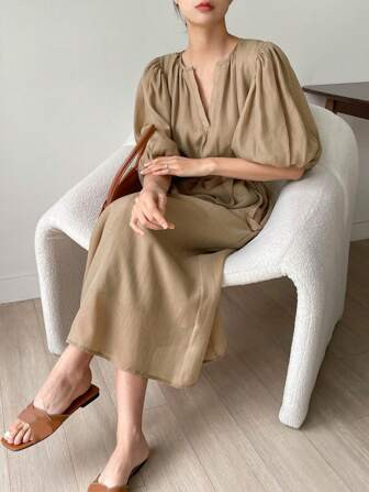 DAZY Notched Neckline Puff Sleeve Dress | SHEIN