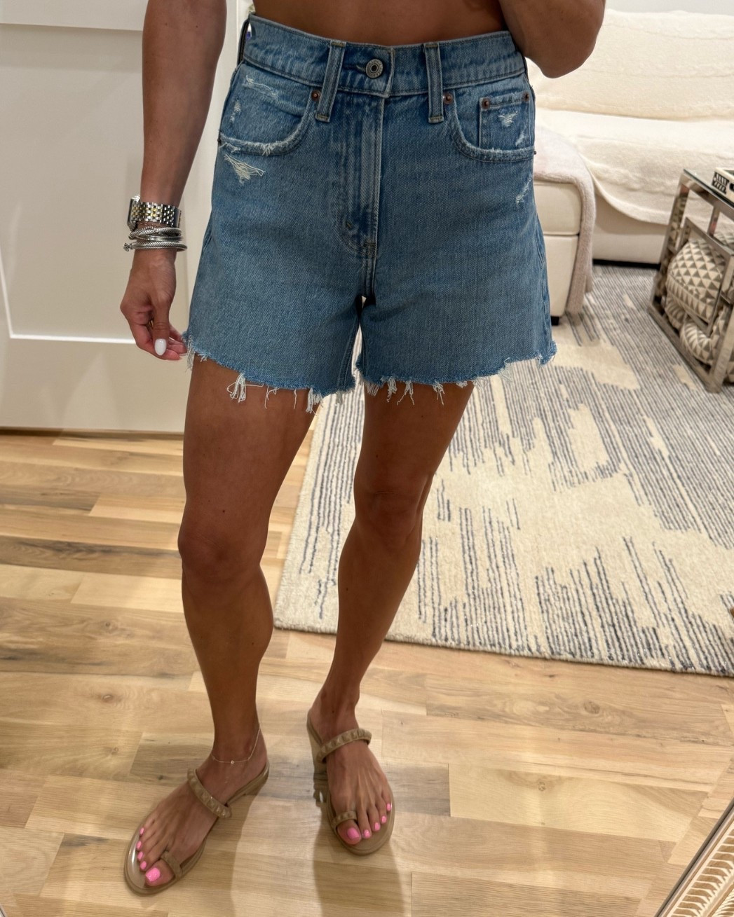 Longer fit denim shorts on sale size 23 jelly sandals spring outfit

#LTKPetite #LTKSaleAlert #LTKSwim