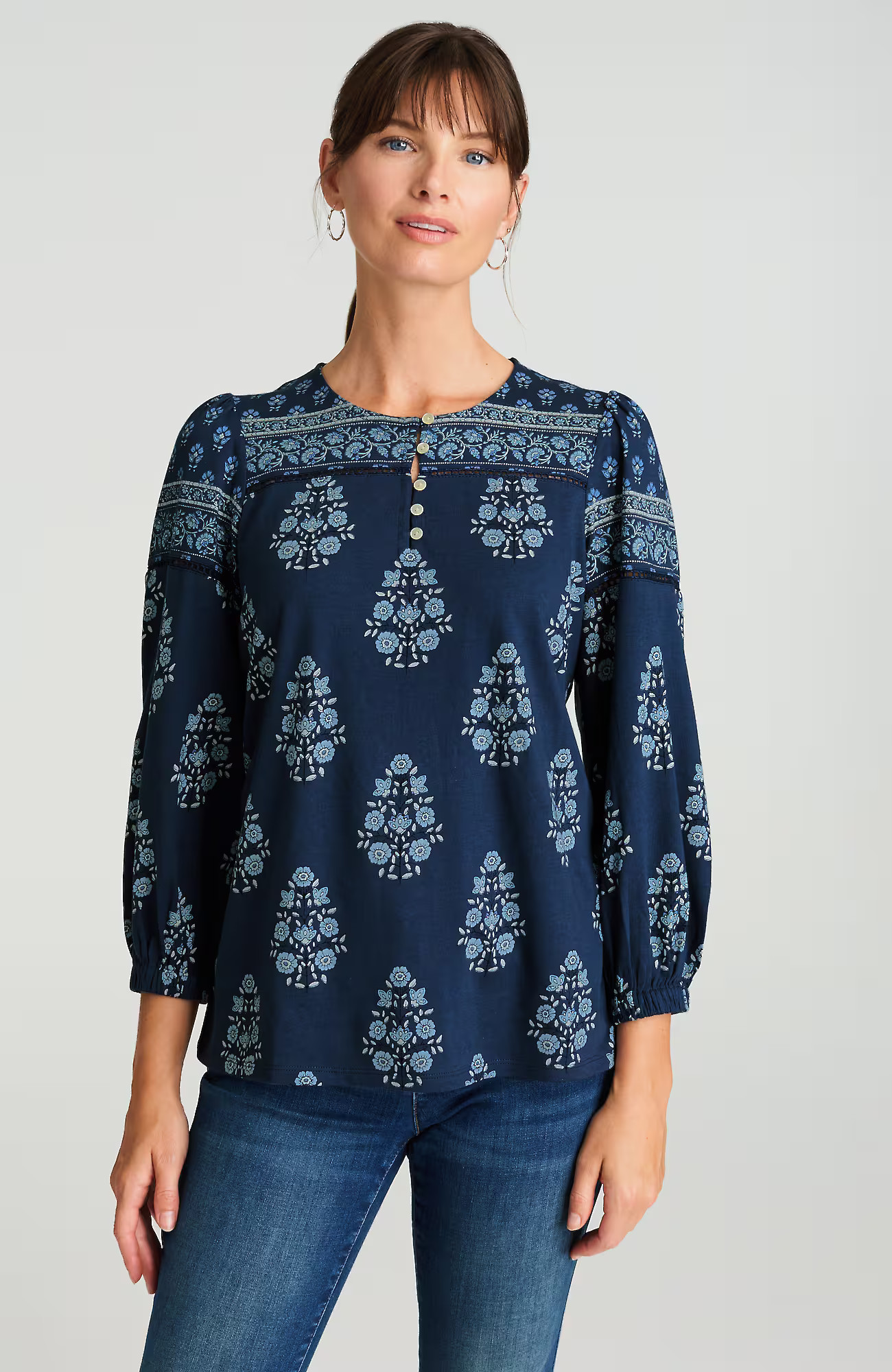 Women's Plus Size Pure Jill Border-Printed-Yoke Top (Blue Bouquet Mix) (Size: 3X) J. Jill | J. Jill
