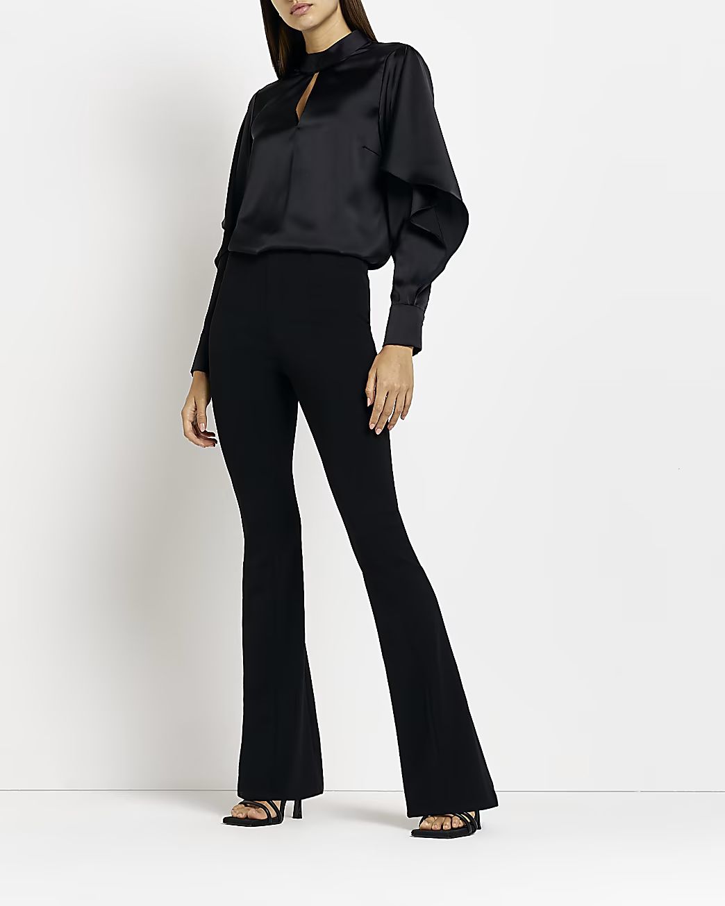 Black satin frill long sleeves blouse | River Island (UK & IE)