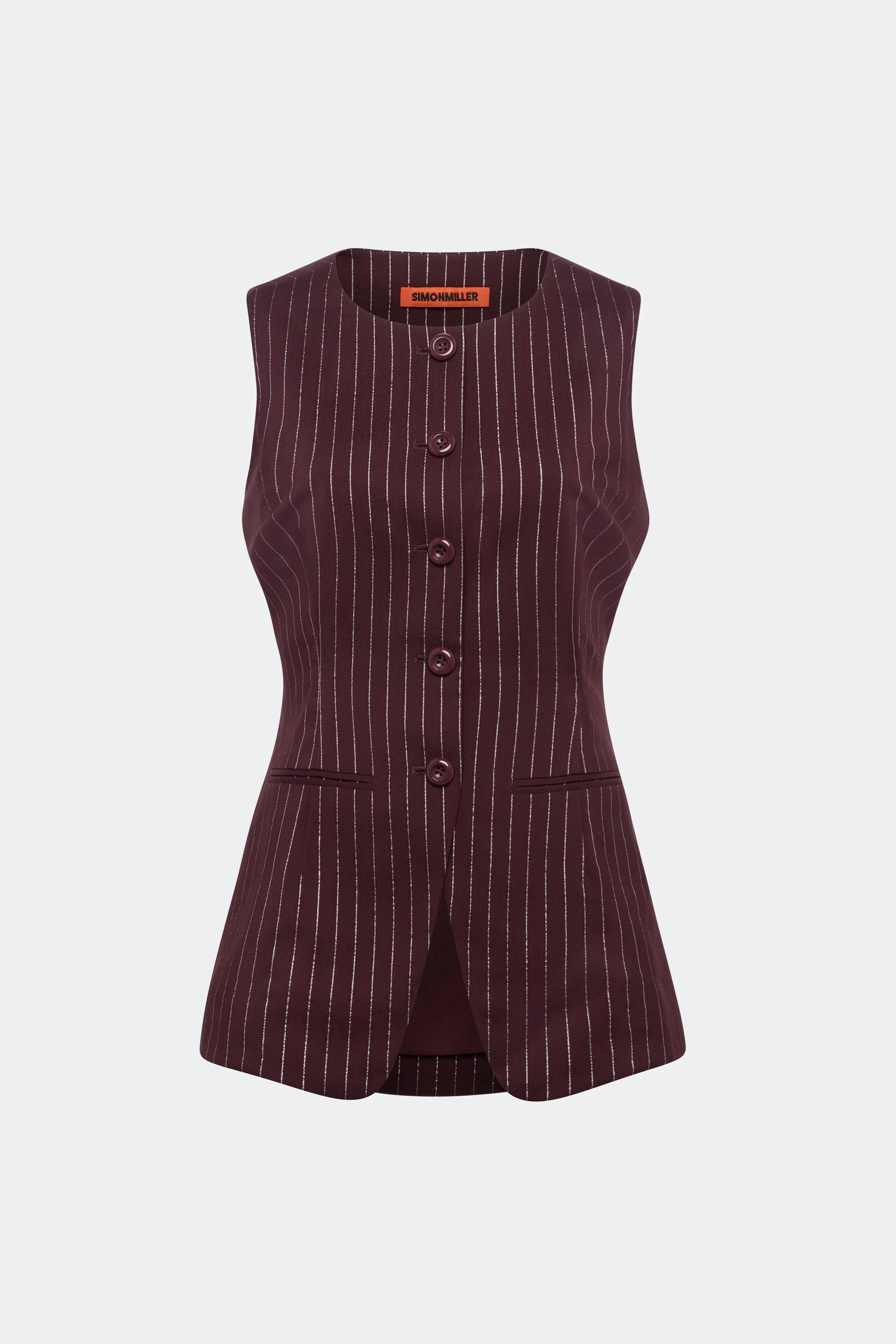 Del Mar Vest In Bordeaux Metallic Pinstripe | Simon Miller