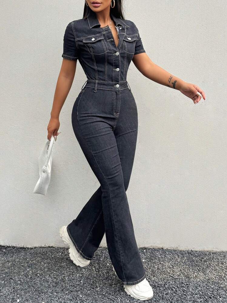 SHEIN SXY Plus Size Denim Jumpsuit Sexy Jumpsuit Short Sleeve Elastic Wide Leg Jumpsuit, Black | SHEIN