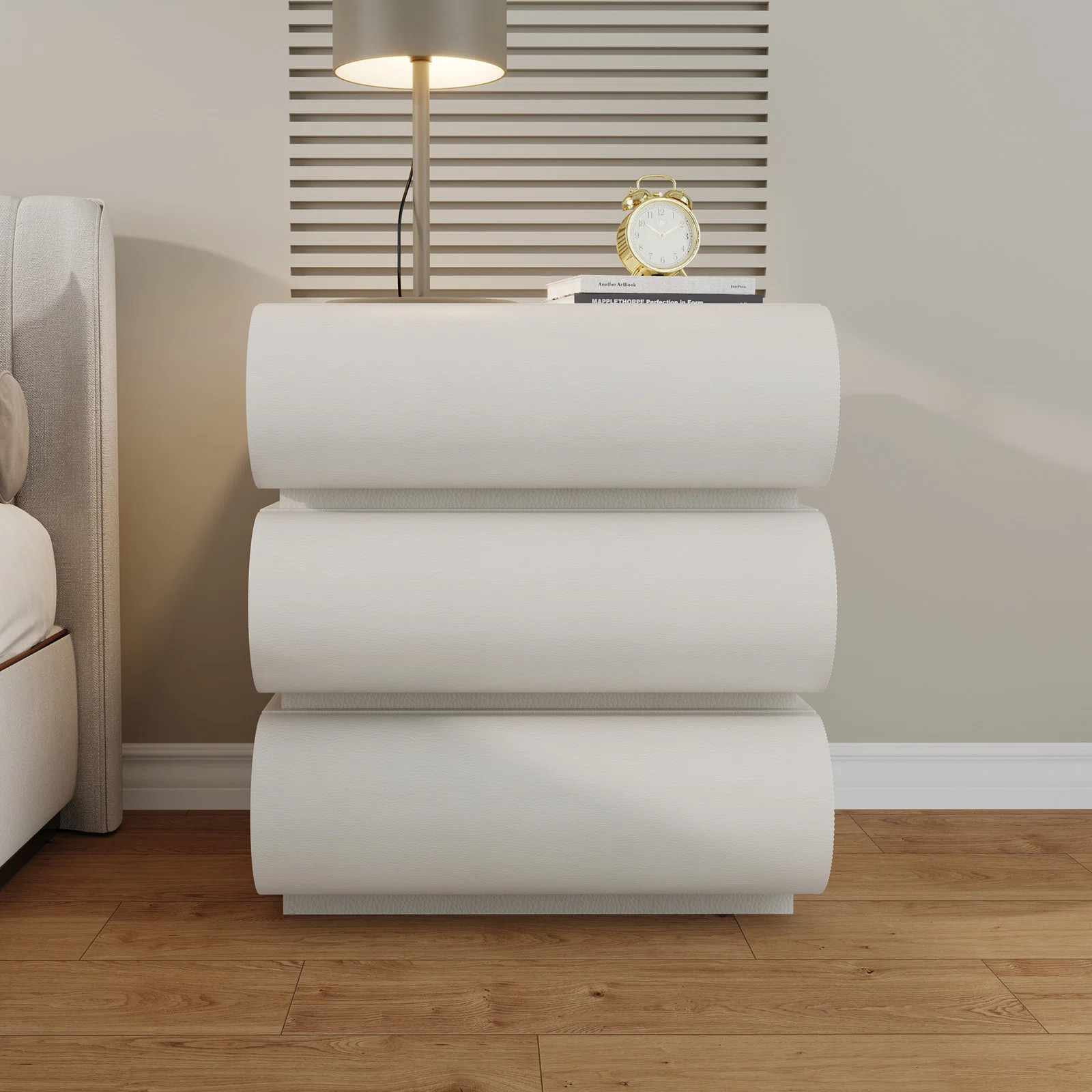 Cersten Off White Nightstand with 3 Solid Wood Drawers, Leather Bedside Table for Bedroom, No Ass... | Wayfair North America