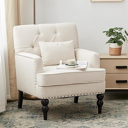 HUIMO Tufted Club Chair,Accent Chair with Lumbar Pillow, Upholstered Button Armchair, Linen Fabri... | Amazon (US)