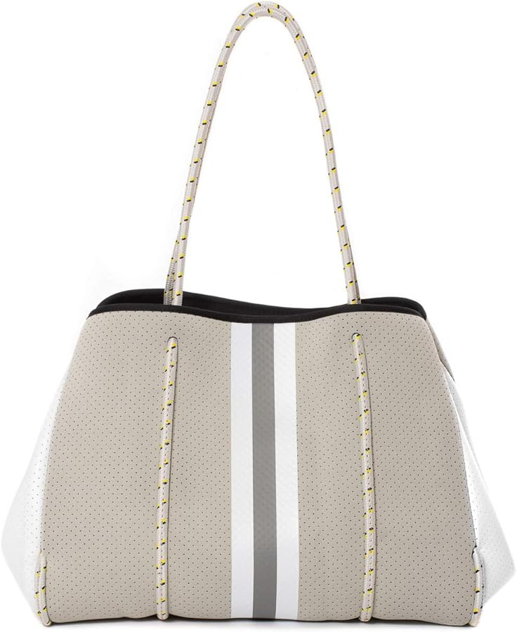 Haute Shore - Greyson Cruise Neoprene Tote Bag wZipper Wristlet Inside, Silver WGrey & White Stri... | Amazon (US)