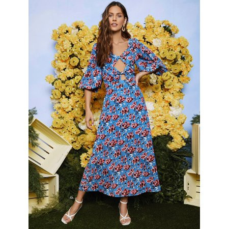 Women s Lantern Sleeve Twist Front Cut out Floral Dress 52011202W130275 | Walmart (US)