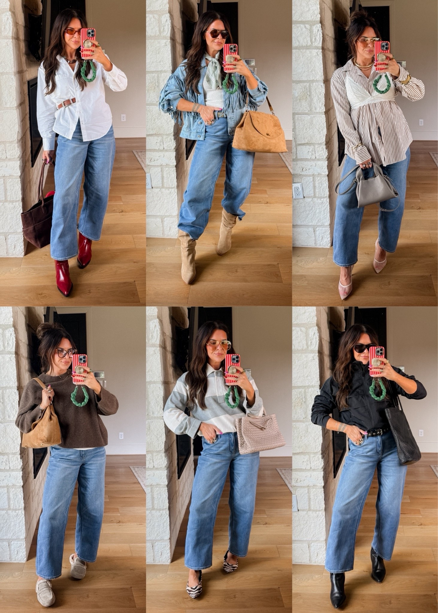 One pair of jeans, 6 outfits 
Jeans are chefs kiss: get your true size
White button up: large
Fringe jacket: large 
Striped button up: xl
Seater: xl
Rugby polo: large
Black jacket: large

#LTKootd #LTKMidsize #LTKOver40