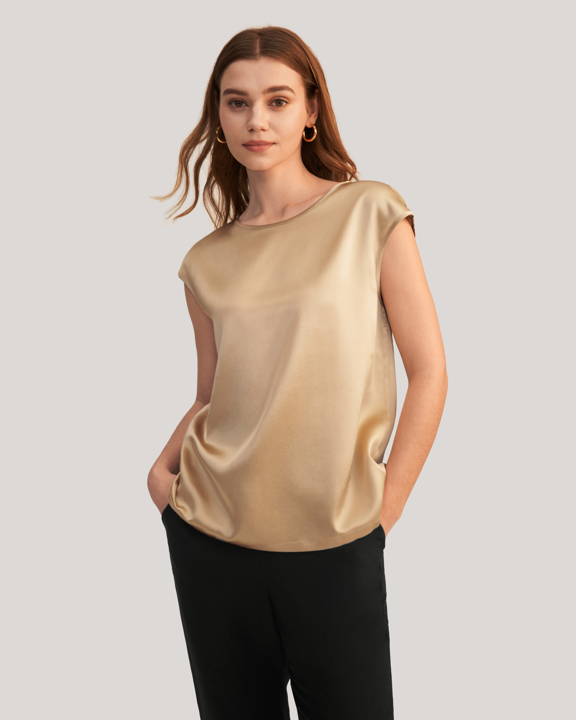 Basic Cap Sleeves Silk Tee For Women | LilySilk