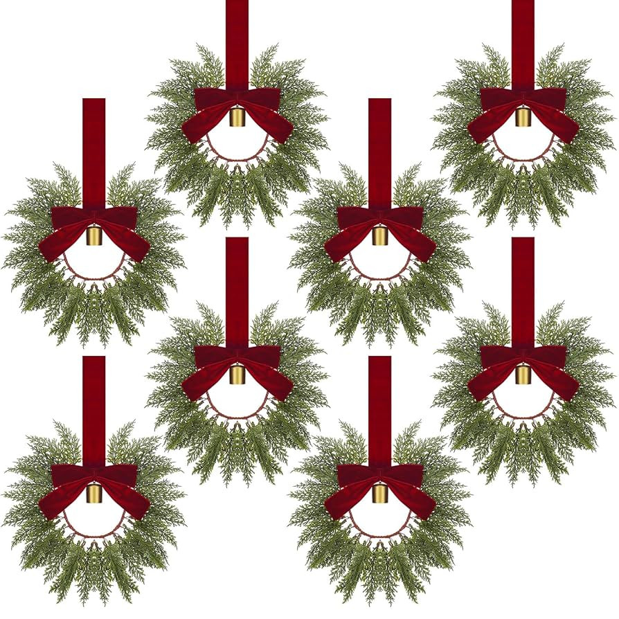 Dingion 8 Pcs 9.8" Small Christmas Cabinets Wreaths Mini Wreaths with Ribbon Bell Artificial Gree... | Amazon (US)