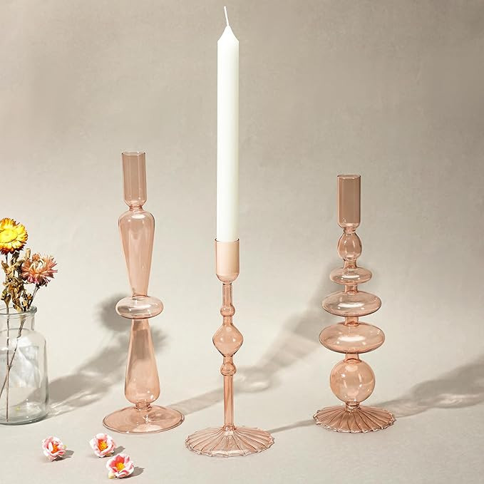 Bokon 3 Pcs Glass Candlestick Holders Glass Taper Candle Holders Groovy Candlestick Wavy Glass Ca... | Amazon (US)