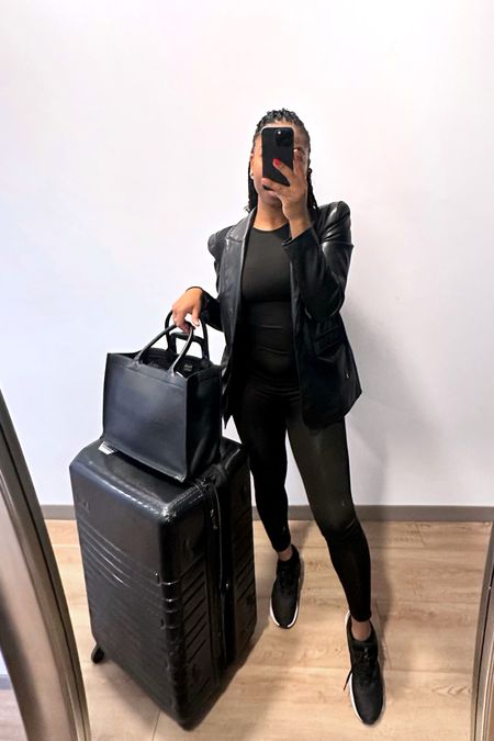 Airport outfit travel outfit all black jumpsuit with black leather blazer

Jumpsuit size medium 

#LTKtravel #LTKfindsunder100