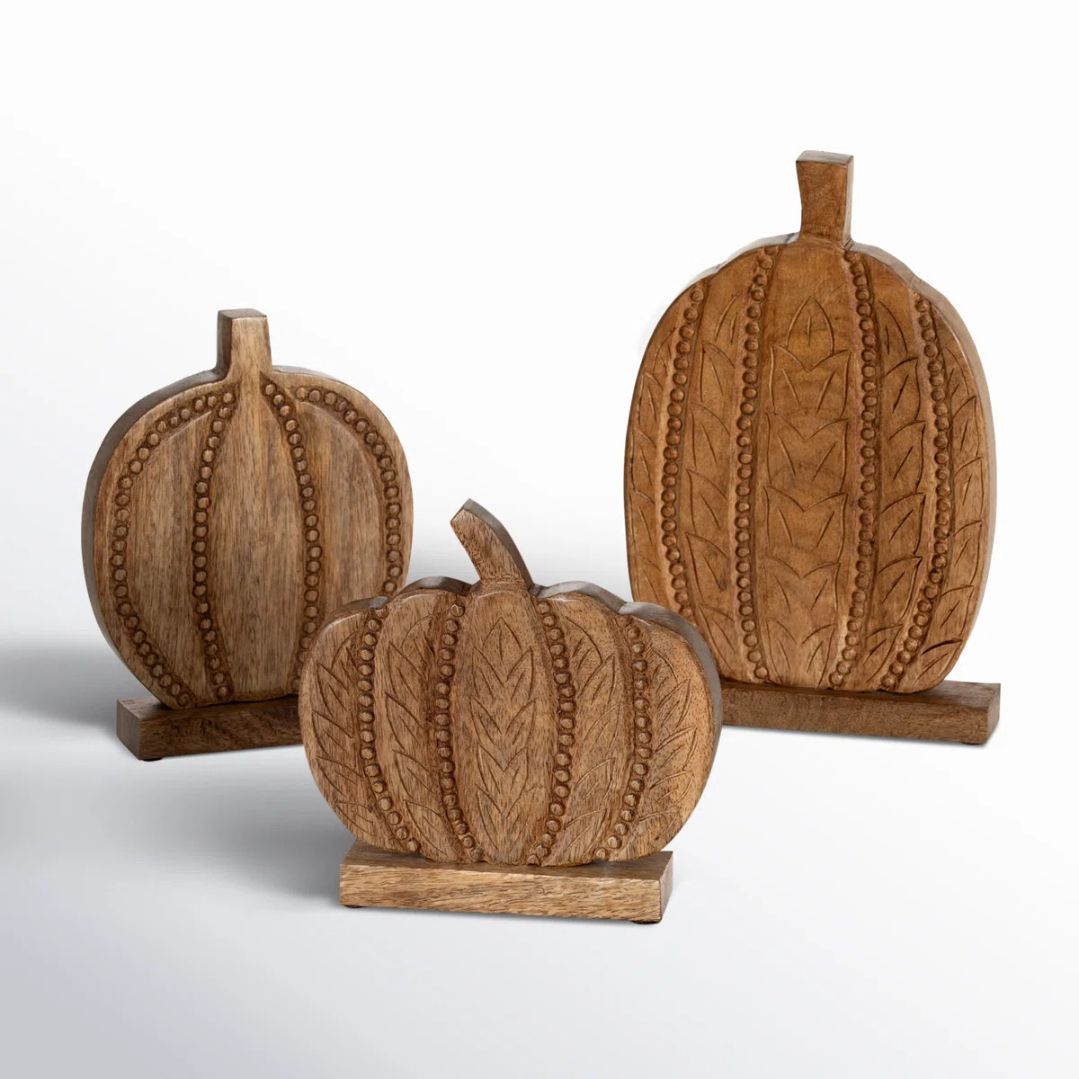 Birch Lane™ 8", 9" & 12.25" Rustic Wooden Pumpkin Trio Set of 3, Natural | Birch Lane | Birch Lane