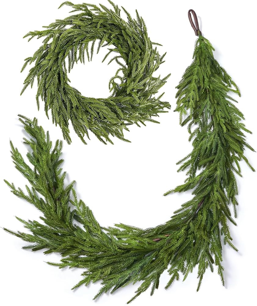 Real Touch Norfolk Pine Christmas Garland and Wreath Set, 24IN Green Wreath and Christmas Garland... | Amazon (US)