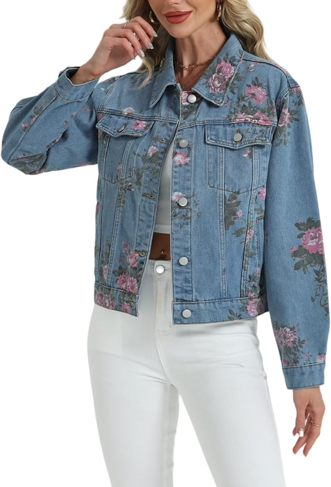 LifeShe Women's Jean Jacket Floral Button Up Cropped Denim Jackets Western Outfit With Pockets | Amazon (US)
