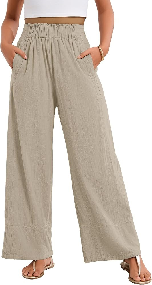 FAIABLE Women's Wide Leg Cotton Linen Pants Elastic High Waist Flowy Casual Trousers with Pockets... | Amazon (US)