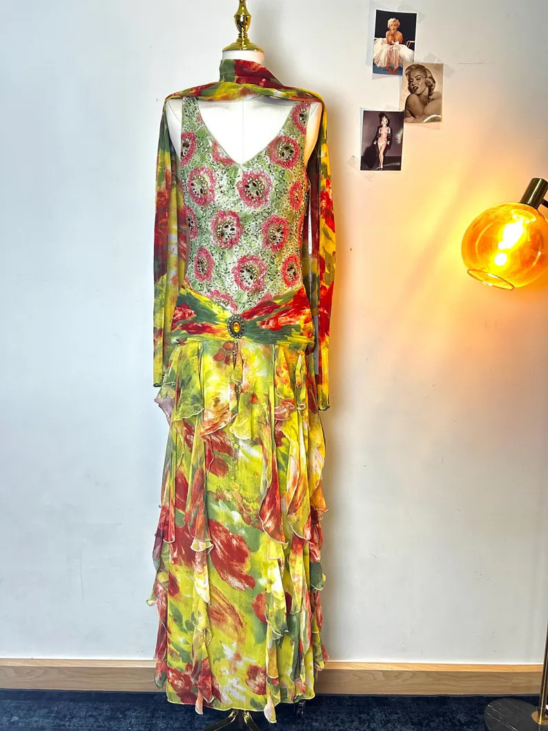 Vintage  Yve London  fairy green  floral beaded dress | Etsy (Global)