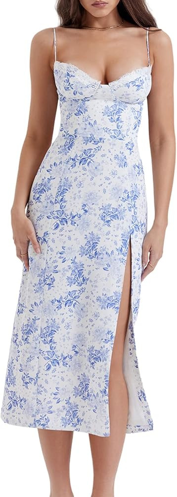 Yuemengxuan Maxi Dress for Women Floral Lace Edge Sexy Satin Dress Square Neck Strap Bodycon Dres... | Amazon (US)